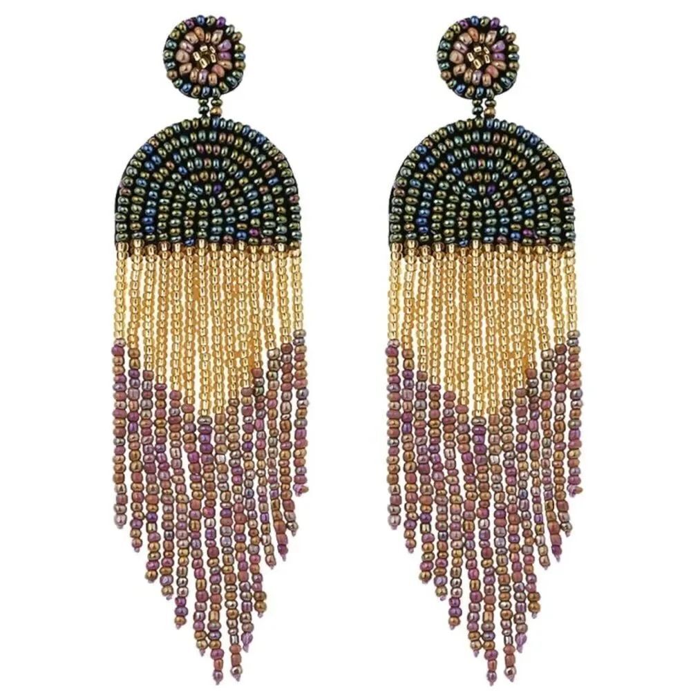 Long Boho Multicolor Beaded Tassel Fringe Dangling Fan Chandelier Post Earrings